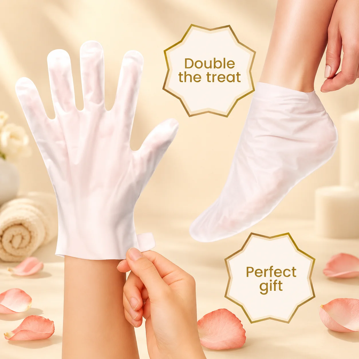 Close-up of a hand wearing a moisturizing glove with a foot mask nearby, surrounded by petals and spa decor.